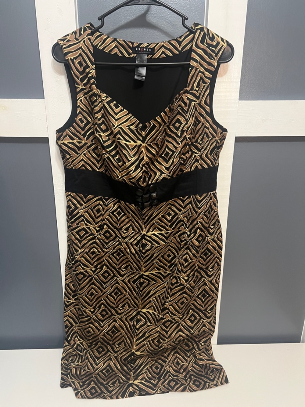 Worthington Black and Brown Geometric Midi Sheath Dress